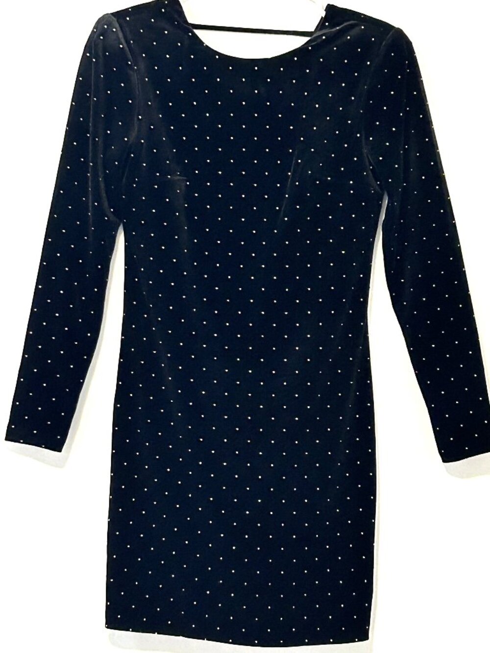 Express black velvet long sleeve dress with gold dot detail, size 0
